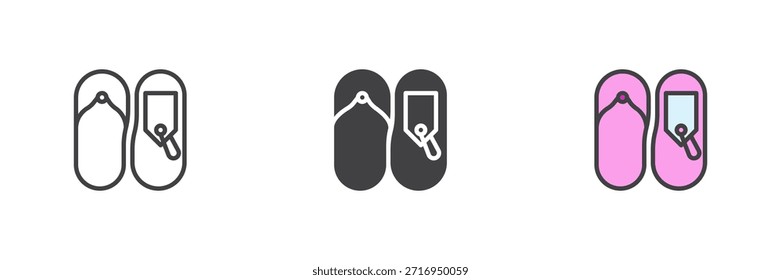 Flip Flops mit Preisschild verschiedenen Stil Symbol gesetzt. Linie, durchgezogene und gefüllte Umrisse buntes Symbol, Vektorzeichen und Symbol. Sommer Schuhe Verkauf Symbol.
