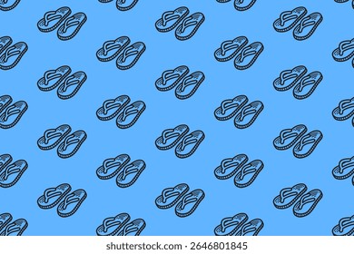 flip flops retro doodle seamless pattern on blue background for packaging and merchandise. hand-drawn summer slippers sandal illustration motif wallpaper. beach footwear engraving pattern background