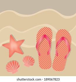 Flip flops or sandals with orange polka dots on a sandy beach background with shells and starfish, vector format