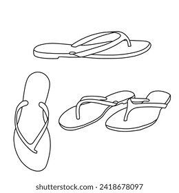 Flip flops sandals vector illustration. Outline vector doodle illustration, front, side, and top view.