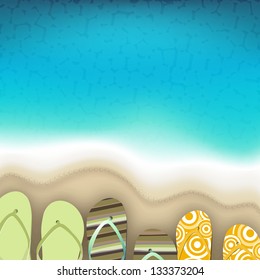 Flip flops at sea side, Summer background.