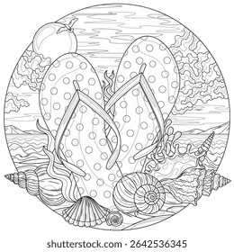 Flip flops and seashells on the beach in a round frame.Coloring book antistress for children and adults. Illustration isolated on white background.Zen-tangle style. Hand draw