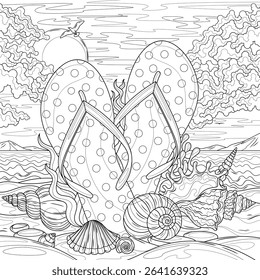 Flip flops and seashells on the beach.Coloring book antistress for children and adults. Illustration isolated on white background.Zen-tangle style. Hand draw