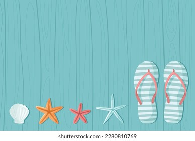 Flip flops and seastars on wooden background. Summer background with sandals on wooden backdrop , vector illustration. Template for summer offer with place for text