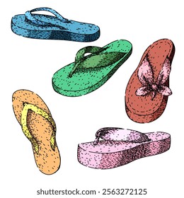 flip flops set hand drawn. casual summer, footwear comfort, slip on flip flops vector sketch. isolated color illustration