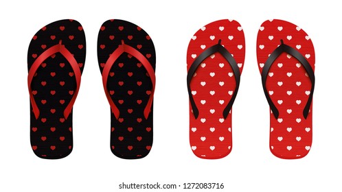 Flip flops set. Valentine's day, black and red with hearts pattern. Vector design isolated for all backgrounds.