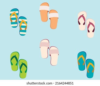 Flip flops set vector design illustration isolated on blue background. Векторный набор с милыми и красочными летними шлепанцами для пляжного отдыха