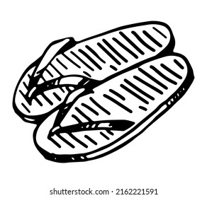 Flip flops sketch clipart. Summer shoes, beach accessory doodle isolated on white. Hand drawn vector illustration in engraving style.