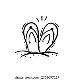 Flip flops slipper on the beach sand summer vacation line doodle icon vector drawing illustration
