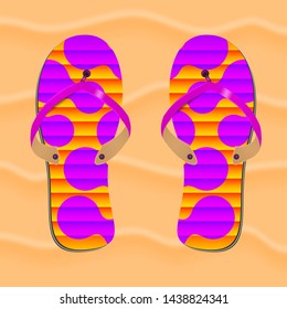 Flip flops, slippers with colorful pattern on sand backdrop
