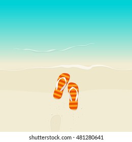 Flip flops slippers sandals on beach vector illustration, flat cartoon flipflop shoes on sand near sea with footprint