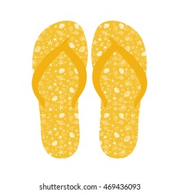 Flip flops, Slippers with seashell pattern on yellow background