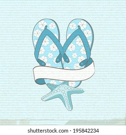 Flip flops with starfish and banner on a blue striped texture background