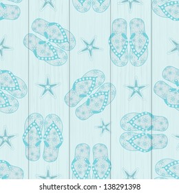 Flip flops and Starfish Seamless Background on Wood