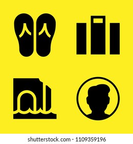 flip flops, suitcase, sea cave and user vector icon set. Sample icons set for web and graphic design