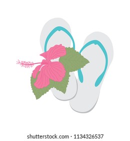 Flip Flops, summer footwear with hibiscus flower, vector illustration