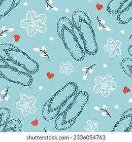 Flip flops summer pattern. Seamless vector background. Cute illustration with hand drawn in sketch style sandals on blue background