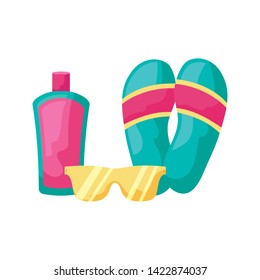 flip flops with sunglasses and bottle of blocker