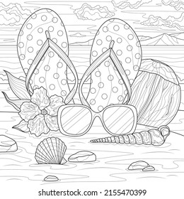 Flip flops, sunglasses and seashells on the beach.Coloring book antistress for children and adults. Illustration isolated on white background.Zen-tangle style. Hand draw