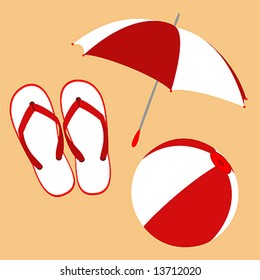 Flip flops, umbrella and ball