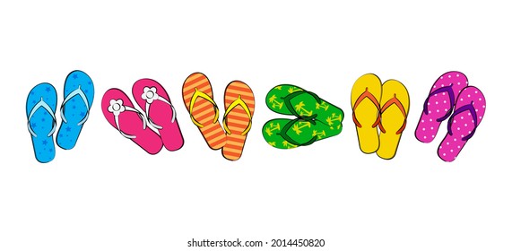 Flip flops vector icon, colorful summer slippers, sandal beach set. Cartoon illustration