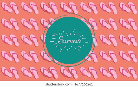 Flip flops vector pattern. Hand drawn texture with hand written text summer. Illustration in trendy pink and turquoise colors. Card template,textile,wallpaper design,wrapping paper or web background