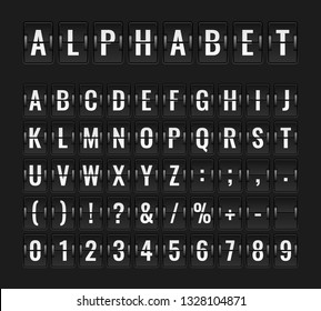 Flip font. Airport flight board info panel departure destination aircraft airline alphabet arrive terminal banner vector illustration