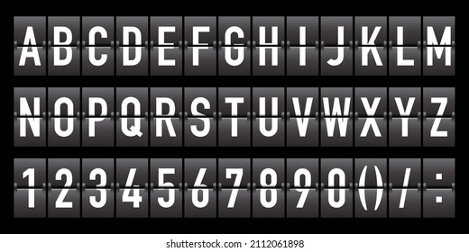 Flip font with alphabet and numbers. Flip font for text and time in scoreboard of airport. Board of flight. Display panel for departure airline. Mechanical timetable. Vector.