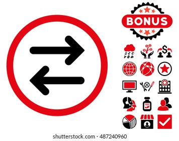 Flip Horizontal icon with bonus symbols. Vector illustration style is flat iconic bicolor symbols, intensive red and black colors, white background.