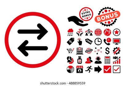 Flip Horizontal icon with bonus symbols. Vector illustration style is flat iconic bicolor symbols, intensive red and black colors, white background.