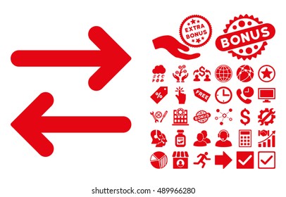 Flip Horizontal icon with bonus symbols. Vector illustration style is flat iconic symbols, red color, white background.