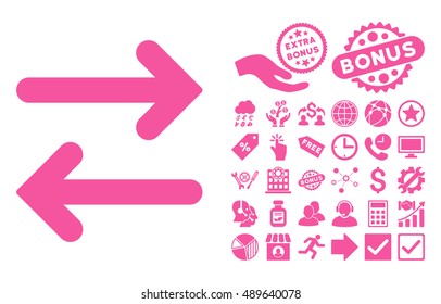 Flip Horizontal pictograph with bonus icon set. Vector illustration style is flat iconic symbols, pink color, white background.