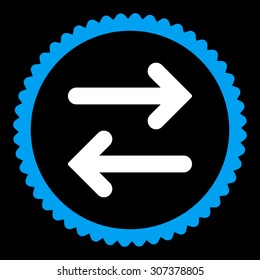 Flip Horizontal round stamp icon. This flat vector symbol is drawn with blue and white colors on a black background.