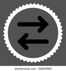 Flip Horizontal round stamp icon. This flat vector symbol is drawn with black and white colors on a gray background.