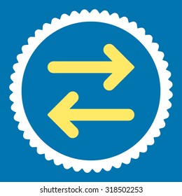 Flip Horizontal round stamp icon. This flat vector symbol is drawn with yellow and white colors on a blue background.