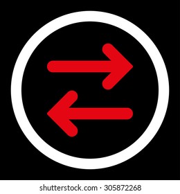 Flip Horizontal vector icon. This rounded flat symbol is drawn with red and white colors on a black background.