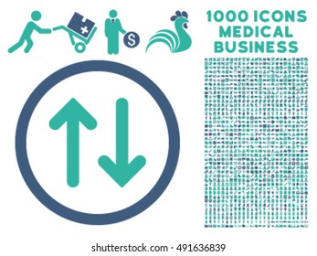 Flip icon with 1000 medical commerce cobalt and cyan vector design elements. Design style is flat bicolor symbols, white background.