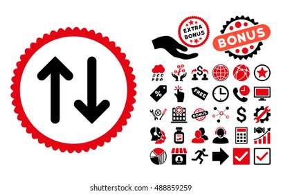 Flip icon with bonus pictogram. Vector illustration style is flat iconic bicolor symbols, intensive red and black colors, white background.