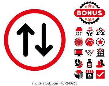 Flip icon with bonus pictures. Vector illustration style is flat iconic bicolor symbols, intensive red and black colors, white background.