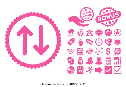 Flip icon with bonus symbols. Vector illustration style is flat iconic symbols, pink color, white background.