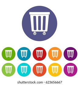 Flip lid bin icons set in circle isolated flat vector illustration