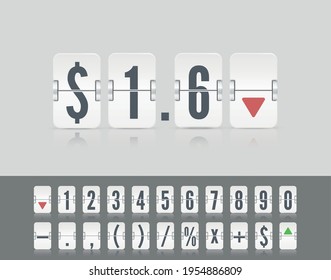 Flip number and symbol scoreboard on light background. Stock exchange vector mechanic board. White analog flip airport board for countdown timer.