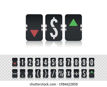 Flip number and symbol scoreboard on white background. Stock exchange vector mechanic board. Analog flip airport board for countdown timer.