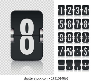 Drehen Sie die Zahl und das Symbol-Scoreboard mit Reflexionen auf transparentem Hintergrund. Analog schwarze Countdown-Timer-Schriftart. Vektorgrafik-Vorlage