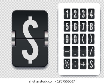 Drehen Sie die Zahl und das Symbol-Scoreboard mit Schatten auf transparentem Hintergrund. Vektorgrafik-Vorlage. Analog schwarze Countdown-Timer-Schriftart.