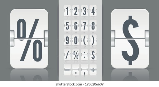Flip numbers and symbols font for information web page or time counter. White analog countdown number font. Vintage symbols for time meter vector template.