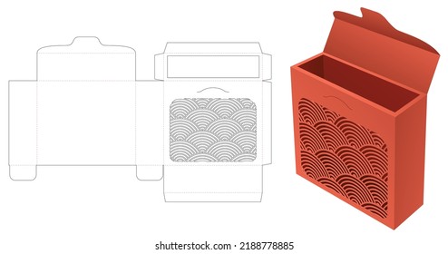 Flip packaging box with stenciled Japanese pattern die cut template and 3D mockup