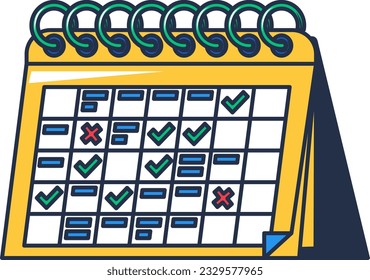 Flip paper desk calendar with marks of important cases with weekends and working days. Scheduling work schedule, rest and important meetings. Simple cartoon outline vector isolated on white background