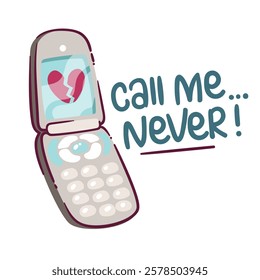 Flip phone with a broken heart on screen, blue message gadget with buttons. Call Me Never Valentine's Day concept, vector illustration.