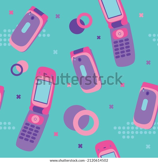flip phone seamless\
pattern,  geometric, colorful, fun, 90s aesthetic, vintage, cool\
design, cyan background